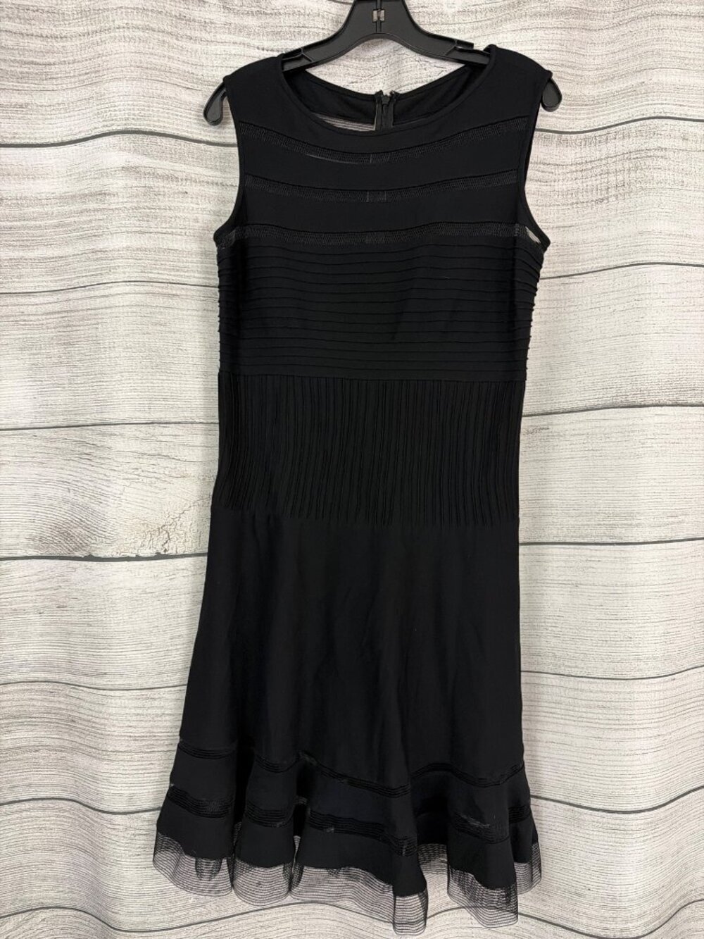 Tadashi Shoji Pintuck Jersey and Illusion Mesh Fit and Flare Dress Size L